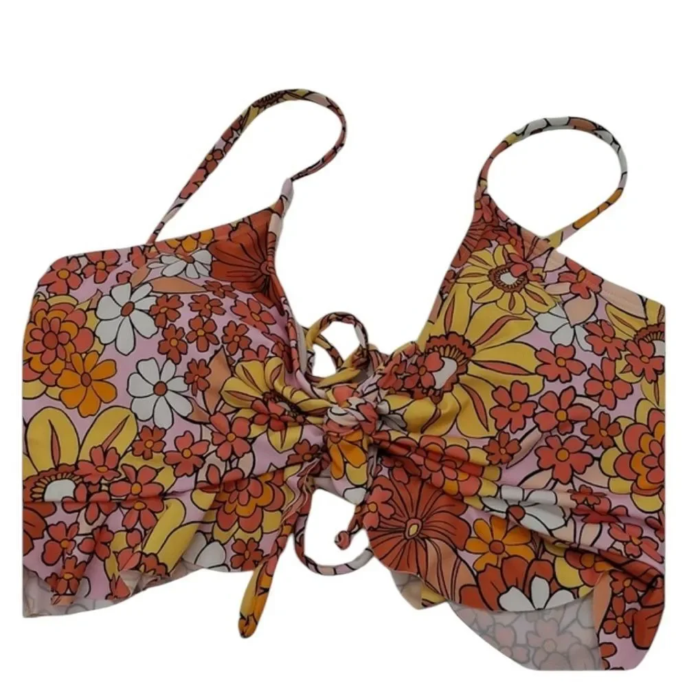 Hurley‎ Floral Print Ruffle Top Bikini 2pc Set Orange size L New with tags!